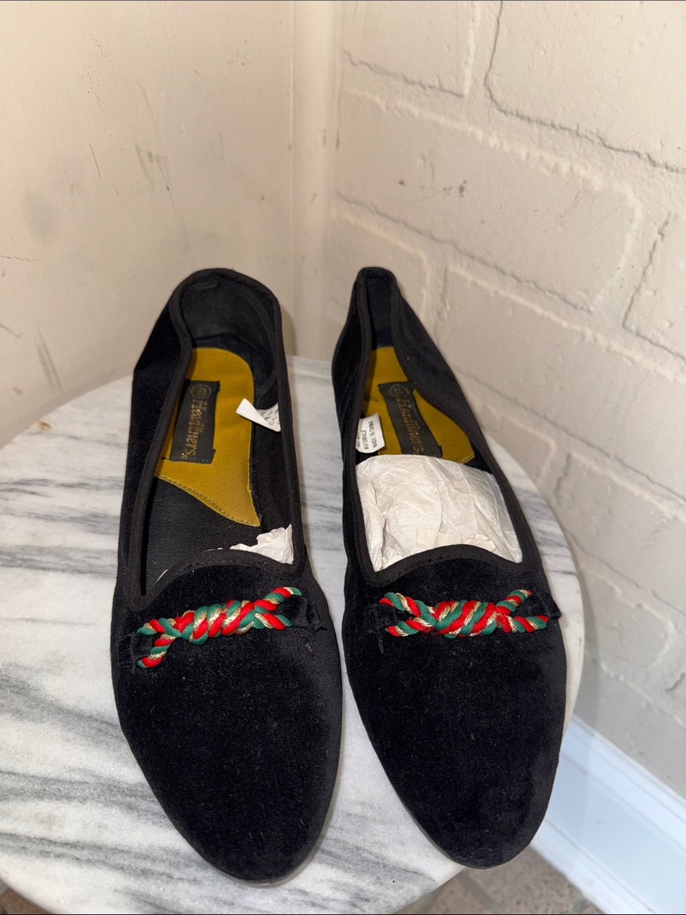 Black velvet Loafers Red & Green Braided Detail Headlines